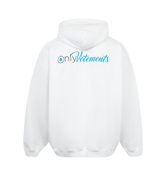 Image 2 of 2 - WHITE - VETEMENTS relaxed fit sweatshirt with drawstring hood, long sleeves, logo print at the chest and back, front pouch pocket, ribbed cuffs and hem.   