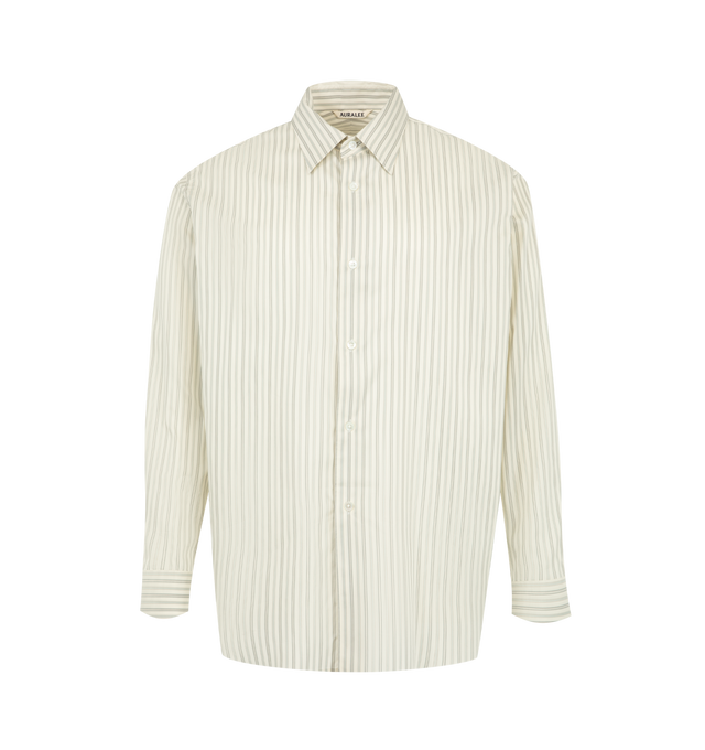 Image 1 of 2 - NEUTRAL - Auralee Men's Cotton Silk Stripe Shirt is crafted from a densely woven blend of finely spun Egyptian Giza cotton and silk. The delicate striped design combines the natural suppleness of extra-long-staple cotton with the smooth hand of silk and is cut in a relaxed fit. Main Material: 73% Cotton, 27% Silk. 