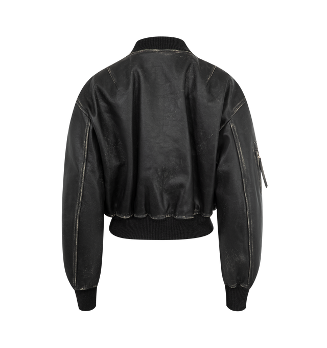 Image 2 of 3 - BLACK - Acne Studios Women's Leather Bomber has a ribbed stand collar, a zip front closure, a distressed treatment finish, a relaxed fit, a zipper chest pocket, side pockets, and ribbed cuffs and hem. Padded and lined. 100% cow leather.  