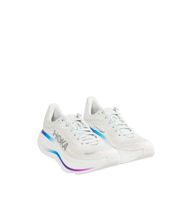 Image 2 of 5 - WHITE - HOKA W Bondi 9 Sneaker featuring performance mesh upper, cushioned collar and tongue, removable contoured insole, supportive midsole, textile lining, lace-up closure, round toe and rubber sole. 
