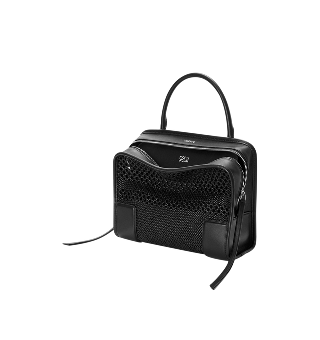 Image 4 of 14 - BLACK - Loewe Women's Medium Amazona 180 Bag is crafted from woven nappa calfskin and features a relaxed silhouette inspired by one of the house's iconic designs. Designed with a single Toron top handle and removable shoulder strap, it can be carried by hand, over the shoulder, or crossbody. A concealed magnetic closure, zip fastening with dual leather pullers, two compartments, an internal flat pocket, and a side D-ring provide functional organization. Finished with palladium-tone hardware, 