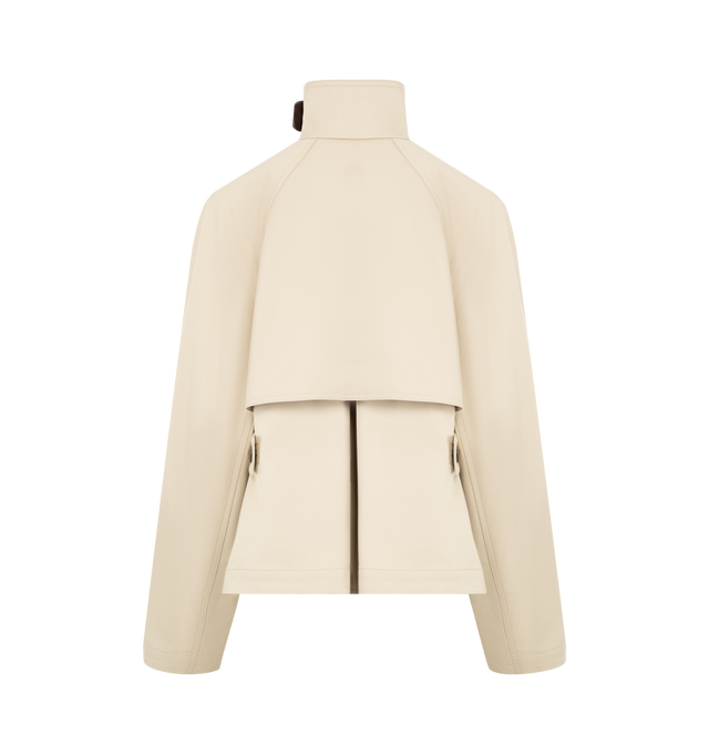 Image 2 of 4 - NEUTRAL - LOEWE Short Parka in lightweight cotton and silk gabardine featuring a high neck with a leather chin strap and a storm flap, relaxed fit, regular length, concealed zip front fastening, raglan sleeves, buttoned tabs at the waist and cuffs, diagonal welt pockets and anagram embroidery placed on the chest. Cotton/silk. Made in Portugal. 