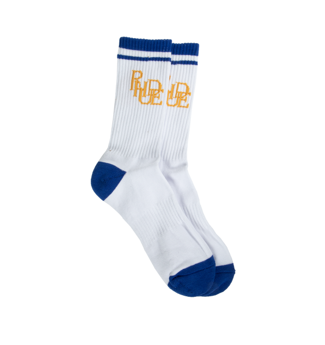 WHITE - RHUDE Scribble Socks featuring calf-high rib knit stretch cotton-blend socks in white and blue. Intarsia logo graphic at cuffs. 80% cotton, 12% polyester, 8% spandex. Made in China.