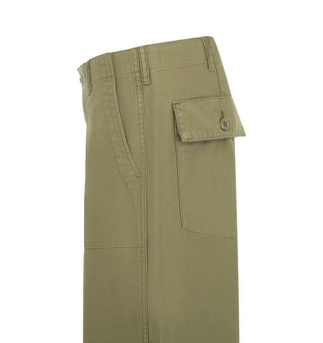 Image 3 of 3 - GREEN - R13 D'Arcy Flare Utility Pants are crafted from Japanese military slub-yarn back sateen and feature a relaxed silhouette with a dramatic flared leg. Inspired by the brand's signature D'Arcy fit, the design combines utilitarian styling with a modern shape, finished with a button fly, slant hip pockets, and flap back pockets. Main Material: 100% Cotton. 