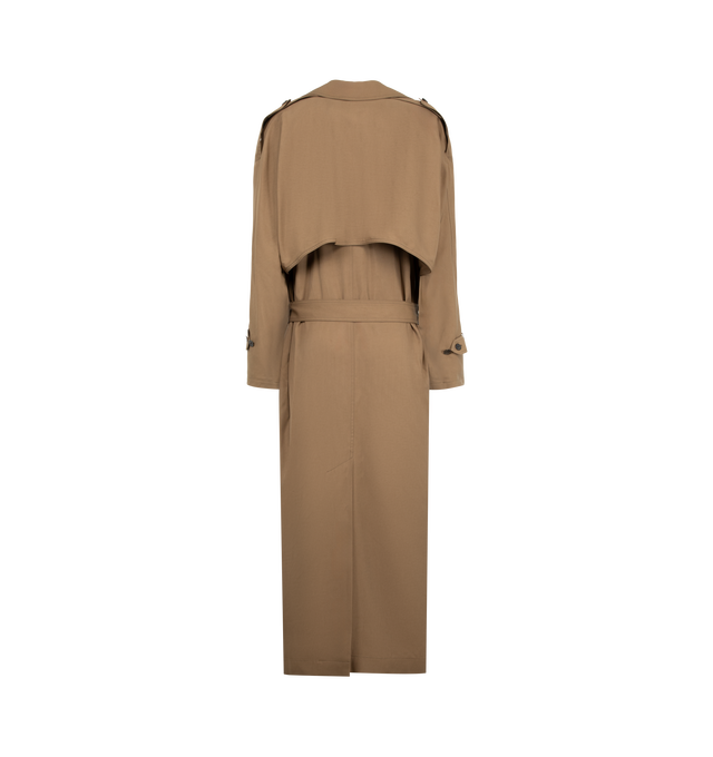 Image 2 of 3 - BROWN - Saint Laurent Womens Large Belted Trench Coat is crafted from certified cotton and features an ulster collar, raglan sleeves, and front and back storm flaps. Designed with a double-breasted four-button closure, padded shoulders, buttoned epaulets, two-button tab cuffs, two front welt pockets, an adjustable and detachable belt, and a single back vent. Main Material: Certified Cotton. Made in Italy. 