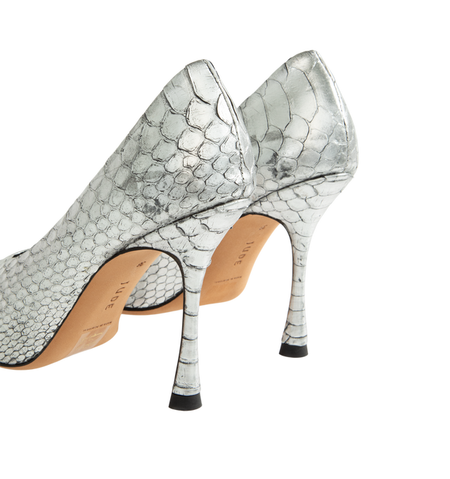Image 3 of 4 - SILVER - Jude Women's Kiss Pump is crafted from genuine python leather and features a pointed-toe silhouette, a sculpted lifted collar, and a slender stiletto heel. Designed to make a statement, this elegant pump combines exotic texture with a sleek, refined profile. Main Material: Genuine Python Skin. Heel Height: 10.5 cm / 4.1 in. Made in Portugal. 