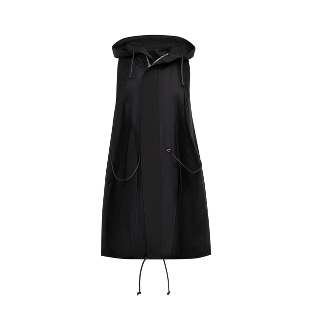 BLACK - SACAI Taffeta Vest featuring drawstring waist, drawstring hood and zipper front. 86% polyester, 14% cotton.