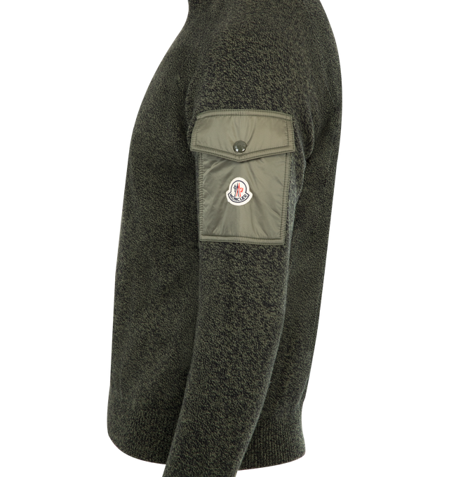 Image 3 of 3 - GREEN - MONCLER Moulin Wool & Cashmere Sweater featuring wool and cashmere blend moulin, stockinette knit, gauge 7, crew neck, longue saison sleeve pocket with snap button closure and logo patch. 90% virgin wool, 10% cashmere. Made in Moldova. 