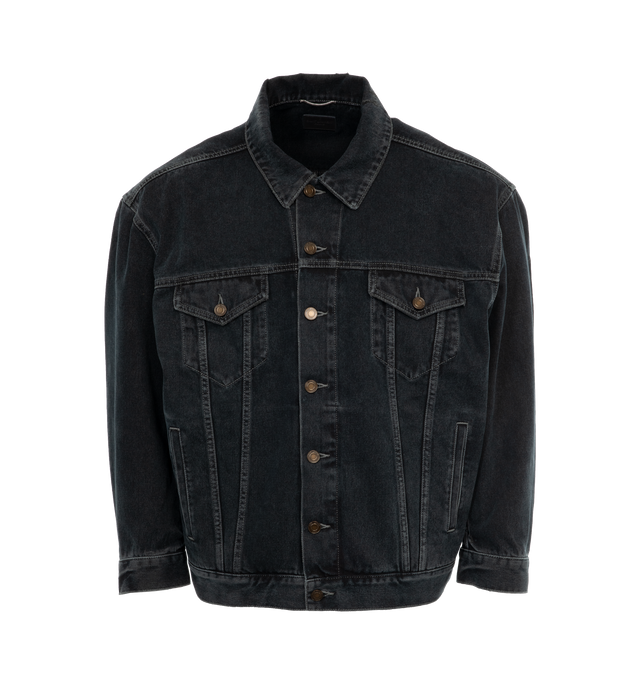 Image 1 of 3 - BLUE - SAINT LAURENT Egg Shape Denim Jacket featuring front button closure, oversized fit, two welt pockets at front, two patch pockets with button flaps, pointed collar and one button cuffs. 100% cotton. 