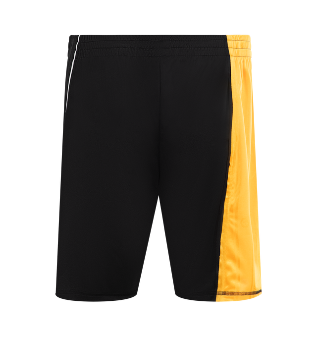 Image 2 of 3 - BLACK - MARTINE ROSE Collage Football Shorts featuring lightweight mesh shorts, concealed drawstring at elasticized waistband, logo embroidered at front cuff, piping at outseam and stripe appliqus at outseam. 100% polyester. Made in Portugal. 