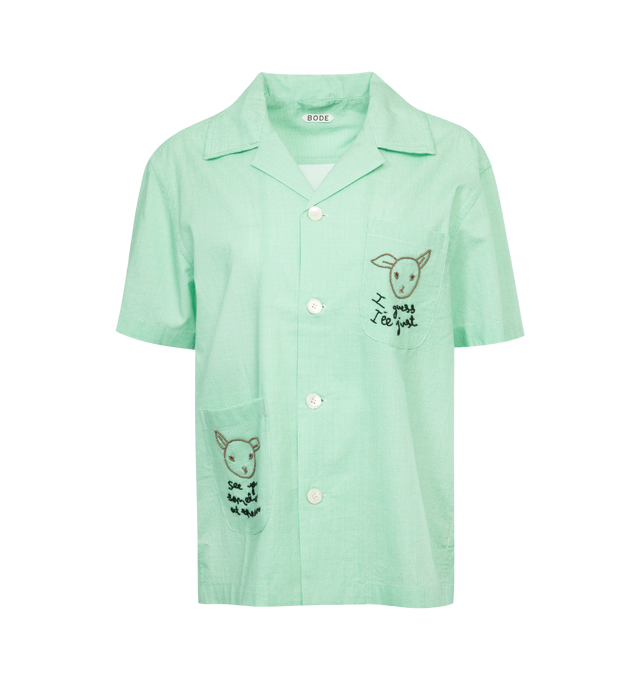GREEN - BODE See You at the Barn Short Sleeve Shirt featuring spread collar, short sleeves, button front and hand-beading "I guess I'll just see you sometime at the barn" slogan. 100% cotton. Made in India.
