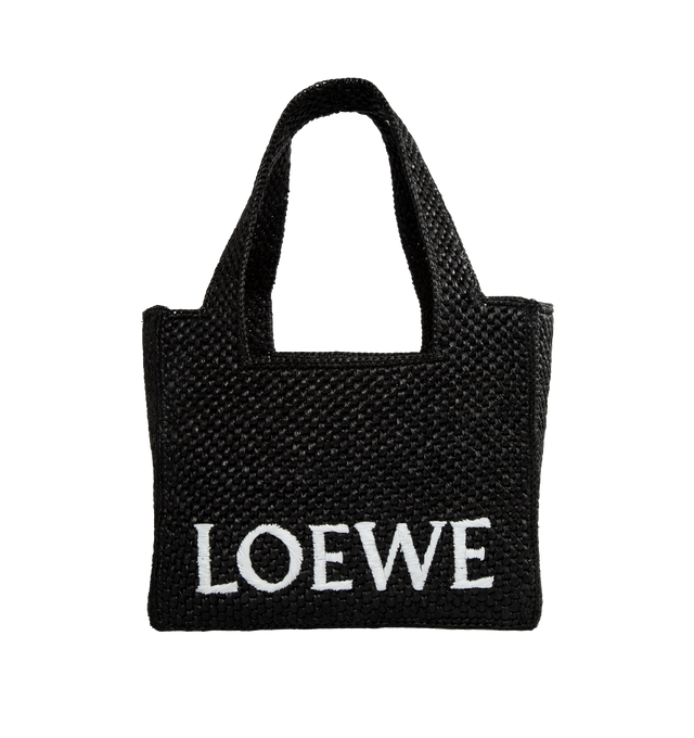 Image 1 of 3 - BLACK - LOEWE PAULA'S IBIZA Logo Small Tote in raffia, unlined. This cuboid bag is adorned with a contrasting LOEWE signature. This small version is made in Spain using raffia palm that is cultivated, harvested, sun-dried and woven in Madagascar by local artisans. Hand carry or shoulder carry with detachable and adjustable shoulder strap. Loewe Paula's Ibiza 2024 collection is inspired by the iconic Paula's boutique, synonymous with the counter cultural movement of 1970s Ibiza, captures the l 