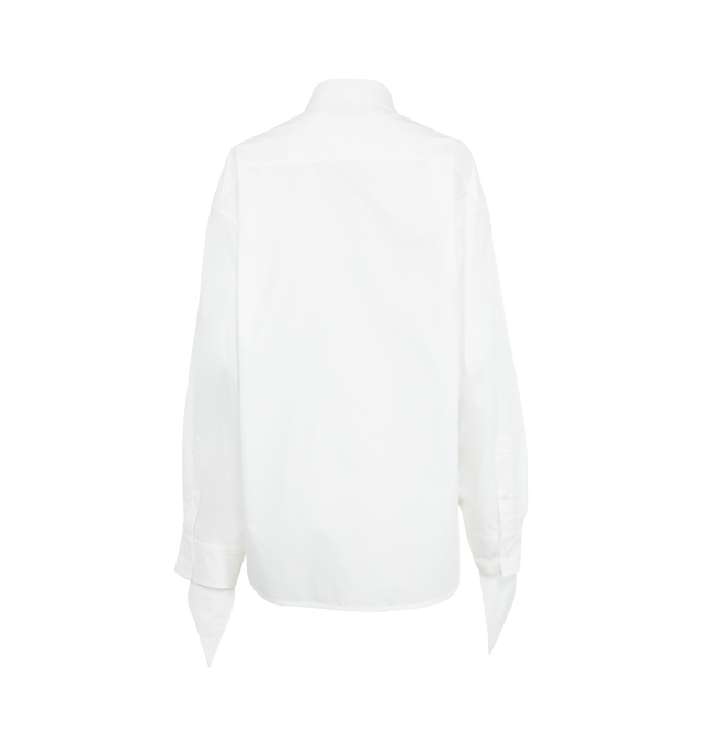 Image 2 of 2 - WHITE - BALENCIAGA Knotted Cuff Blouse featuring regenerative cotton poplin, button-down collar, 6 button front, long sleeves, 1 chest pocket Balenciaga logo embroidered, buttoned cuffs at back, knotted cuffs at back, rounded hem and Balenciaga engraved buttons. 100% cotton. Made in Italy. 