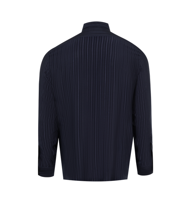 Image 2 of 2 - NAVY - SAINT LAURENT Striped Silk Shirt featuring straight shoulder, semi sheer, Yves collar, concealed button placket, one button mitered cuff and curved hem. 100% mulberry silk.  