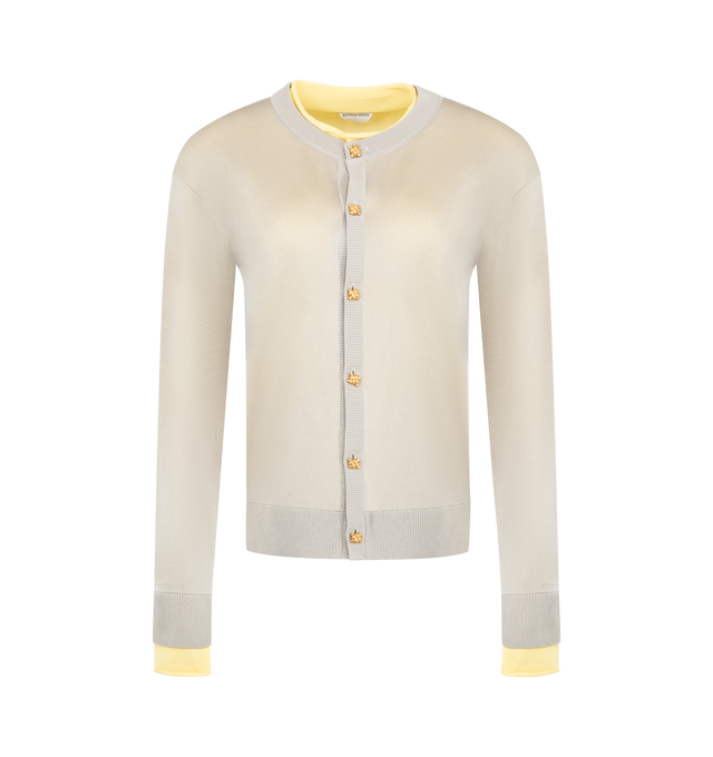 Image 1 of 2 - GREY - Bottega Veneta Womens Double Knit Cardigan is crafted from lightweight fluid silk blend with a double-layer construction. Features Nodo Quadro metal button closure, regular fit, and fine knit finish. Main Material: Silk. Made in Italy. 