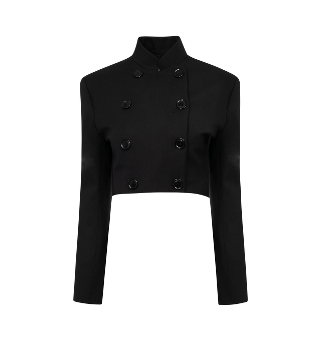 BLACK - ALAIA cropped button jacket made from stretch wool with Mao collar, cinched at the waist, double breasted. Made in Italy.