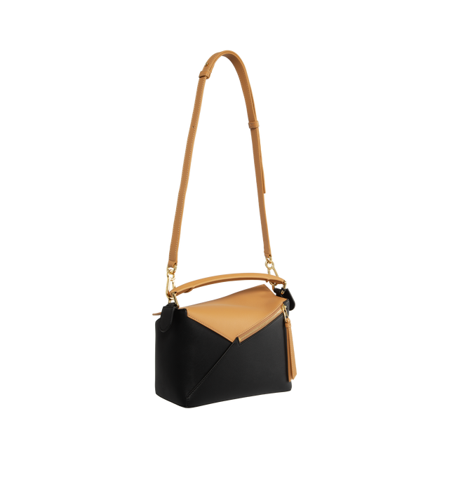 Image 2 of 3 - BROWN - LOEWE Puzzle Edge Small Top-Handle Bag featuring puzzle edge pattern leather, cotton, and linen, flat top handle, detachable, adjustable shoulder strap, can be worn as a top handle or shoulder bag, fold-over flap with zip closure, anagram accent and exterior back zip pocket. 6.4"H x 9.4"W x 4.1"D. Made in Spain. 