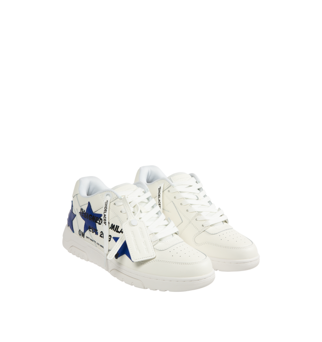 Image 2 of 5 - WHITE - Off-White Out of Office Animation Sneakers are a lace-up style with leather and polyester outers, a logo engraved shoelace tag, and rubber soles.   