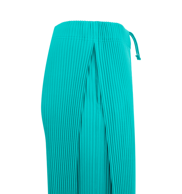 Image 3 of 3 - BLUE - ISSEY MIYAKE MC May Pant featuring elasticized waist, wide leg, pleated design and concealed drawstring. 100% polyester. 