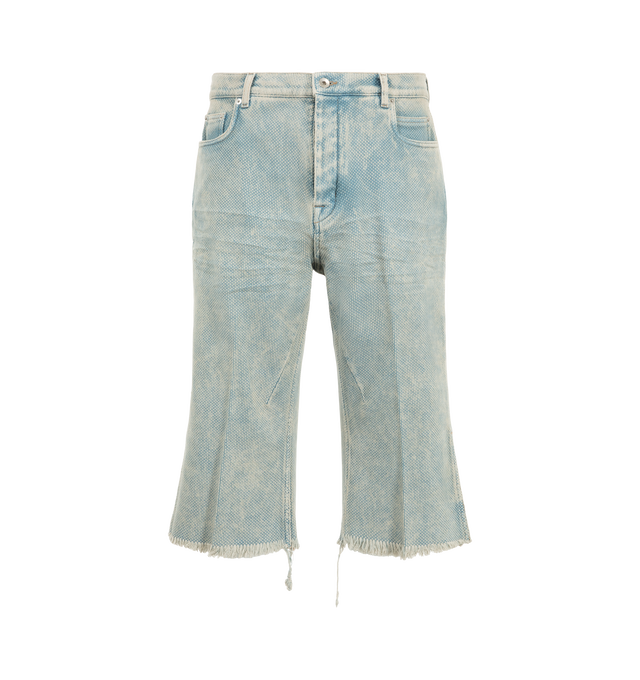 Image 1 of 3 - BLUE - Rick Owens Men's Bolan Cutoffs are crafted from heavyweight Japanese cotton canvas and features a high-rise waist, a slim fit, knee-length raw-cut hems, side slits, and a six-pocket construction. Designed with a concealed button fly, belt loops, pocket rivets, rear patch pockets, crotch whiskering, and pressed front and back leg creases, this style combines a streamlined silhouette with signature denim detailing. Main Material: 100% Cotton. Pocket Lining: 52% Polyester, 48% Cotton. Mad 