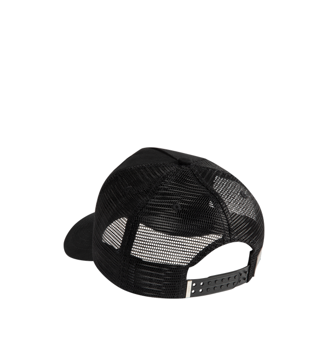 Image 2 of 3 - BLACK - AMIRI Bones Stacked Trucker Hat featuring embroidered with a Stacked Bones design on the face with signature logo details and back adjustable closure. 100% cotton. Lining: 100% lyocell. Mesh: 100% polyester. Made in USA. 