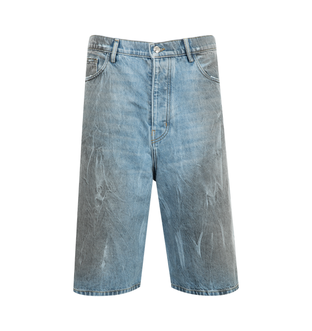 Image 1 of 3 - BLUE - NAHMIAS Thrashed Baggy 5 Pocket Shorts featuring five pocket styling, baggy fit, button closure, belt loops and distressing throughout. 100% cotton.  