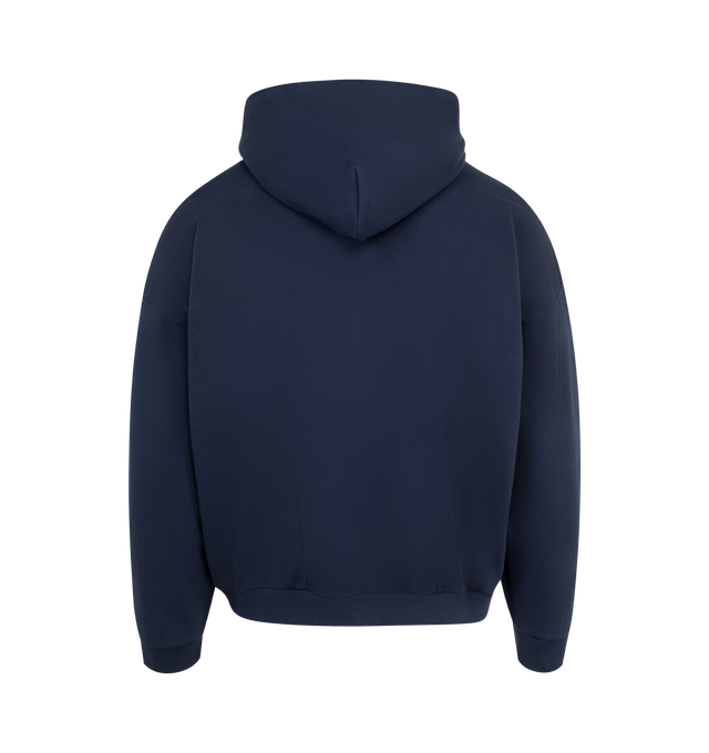 Image 2 of 2 - NAVY - John Elliott Men's Hooded sweatshirt in a boxy and cropped fit. Dropped shoulders. Ful zip closure with two-way custom John Elliott branded zipper. Kangaroo pocket at the waist. Rib knit waist and cuffs. Tonal stitching. 100% Cotton. 