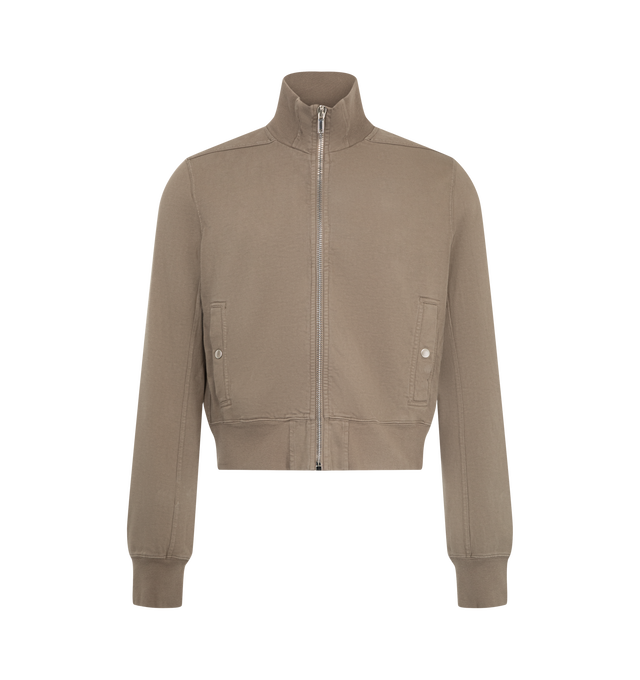 Image 1 of 2 - NEUTRAL - Rick Owens DRKSHDW Men's Rev Track Jacket is crafted from heavyweight compact cotton jersey and features a below-waist silhouette, a funnel neck, level shoulder seams, ribbed cuffs and waistband, and a central zip closure. Designed with front vertical snap-closure pockets and garment-dyed for a soft handfeel, this track-inspired style combines comfort and functionality. Main Material: 100% Cotton.  