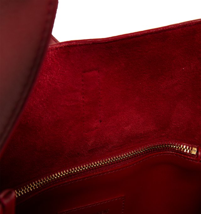 Image 3 of 3 - RED - SAINT LAURENT  Le A 7 soft small shoulder bag has a metal Cassandre hook closure, bronze-tone hardware, and interior zip pocket. Suede lining. 100% calfskin leather. Dimensions: 9 X 8.7 X 3.5 inches.  Made in Italy.  