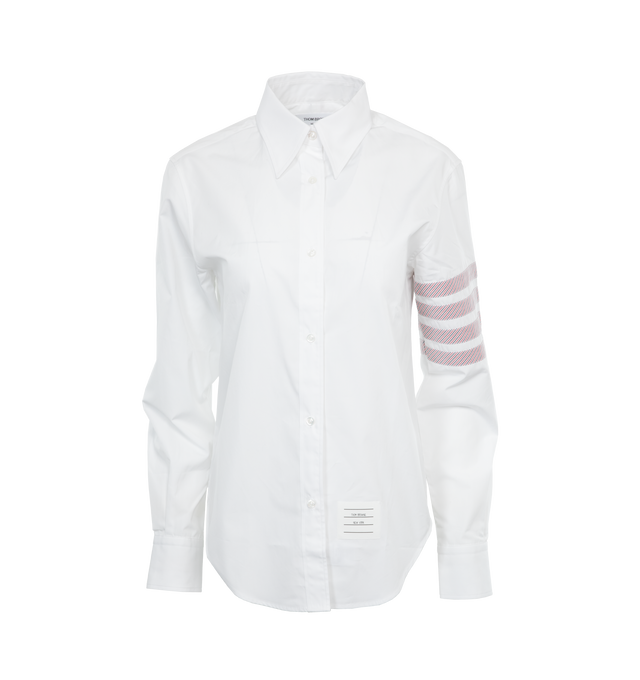 Image 1 of 3 - WHITE - THOM BROWNE 4 Bar Poplin Shirt featuring button front, point collar, long sleeves, 4-bar detailing and signature grosgrain loop tab. 100% cotton. 
