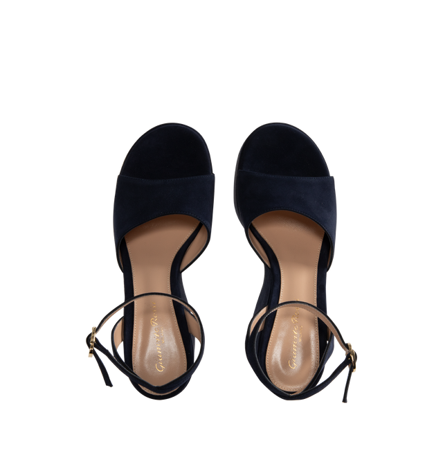 Image 4 of 4 - NAVY - GIANVITO ROSSI Thalia Camoscio featuring round toe ankle strap with buckle, platform wedge measures 110mm at the back of the heel and is completed with a rubber sole. 