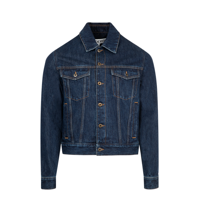 Image 1 of 3 - BLUE - Loewe Men's Jacket in medium-weight cotton denim and nappa calfskin featuring a hybrid construction, relaxed fit, regular length, classic collar, button front fastening, buttoned cuffs, chest patch pockets, welt pockets and LOEWE embossed leather patch placed at the back. Raw Denim - Cotton/Nappa. Made in Italy. 
