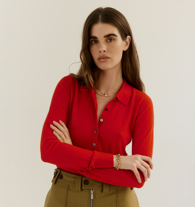 Image 2 of 4 - RED - RADH The Dea Polo Top featuring a classic polo, finely knit wool, long sleeves, polo collar and button up. Wool. 