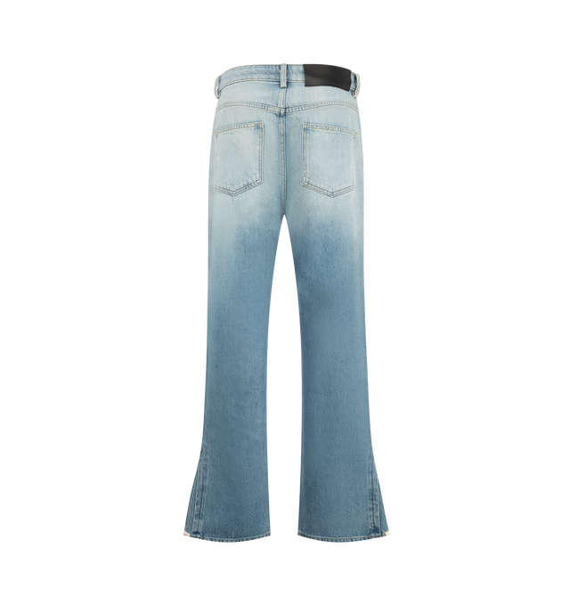Image 2 of 4 - BLUE - Nahmias Men's Split Seam Straight Leg Jeans are crafted from 100% cotton denim and feature a classic straight-leg silhouette with distinctive split-seam detailing. Finished with a signature Summerland label at the split seam, these designer jeans reflect Nahmias' laid-back Los Angeles aesthetic with a contemporary approach to everyday denim. Main Material: 100% Cotton. Fit: Straight Leg. Detail: Summerland Label at Split Seam. Care: Machine Wash Cold. Designed in Los Angeles. 