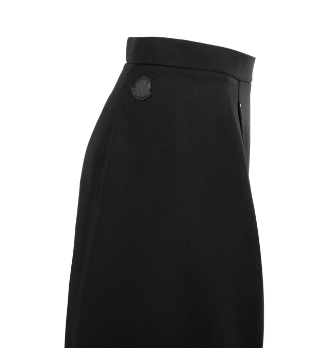 Image 3 of 3 - BLACK - MONCLER Moulin Wool Midi Skirt featuring moulin wool, viscose lining, side zipper closure, side pockets and leather logo patch. 100% virgin wool. Lining: 100% viscose/rayon. 