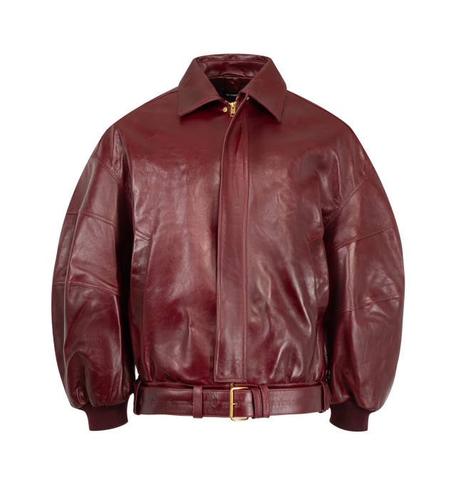 Image 2 of 4 - RED - Willy Chavarria Men's OS Hustler's Leather Jacket is crafted from lambskin leather and features an oversized silhouette, sculptural paneled sleeves, a matching leather belt at the hem, and a concealed front zip closure. Designed with oversized welt pockets, ribbed cuffs, and clean construction, this leather bomber balances volume with refined tailoring. Main Material: 100% Lambskin. Lining: 100% Cotton. 