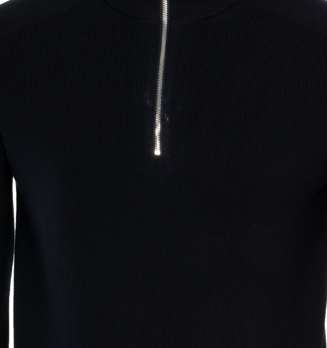 Image 3 of 3 - BLACK - MONCLER T-Neck Sweater featuring cashmere & cotton blend, brioche stitch, gauge 14, high neck, zipper closure and synthetic material logo patch. 85% cotton, 15% cashmere. 