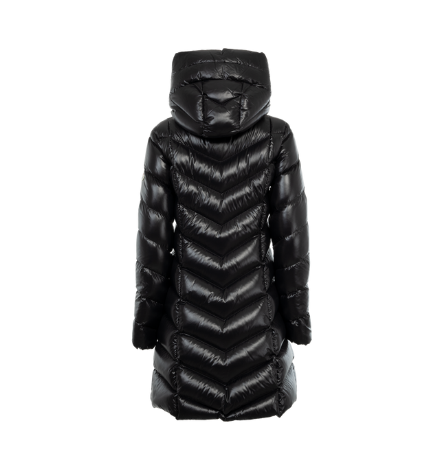 Image 2 of 3 - BLACK - MONCLER Marus Long Down Jacket featuring nylon laqu lining, down-filled, hood, zipper closure, zipped pockets and felt logo on sleeve. 100% polyamide/nylon. Padding: 90% down, 10% feather. 