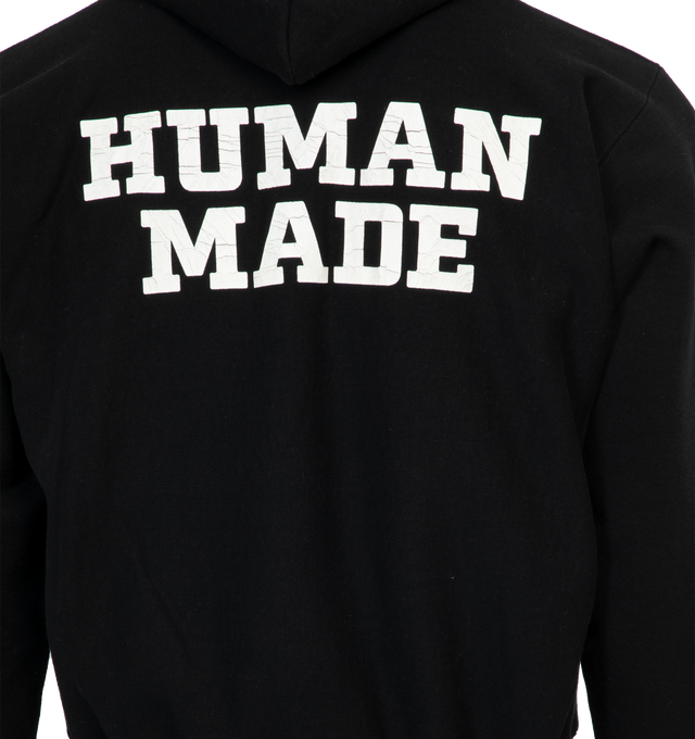 Image 4 of 4 - BLACK - HUMAN MADE Heavyweight Hoodie featuring front and back print, heart logo on sleeve, ribbed cuffs and hem and kangaroo pocket. 100% cotton.  