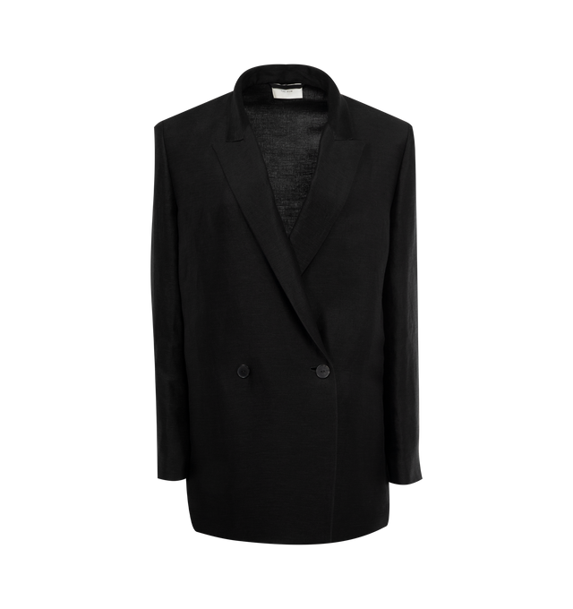 Image 1 of 2 - BLACK - THE ROW Nat Coat featuring oversized double-breasted jacket in textured linen with peaked lapels, side seam pockets, and double horn button closure. 70% linen, 30% viscose. Lined in 100% silk. Made in Italy. 