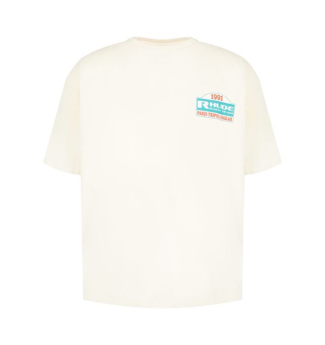 Image 1 of 2 - WHITE - Rhude Men's Tripoli Rally Team T-Shirt is crafted from premium cotton and features a relaxed silhouette with a classic crew neckline, & short sleeves. This designer graphic T-shirt combines exceptional everyday comfort with Rhude's signature luxury streetwear aesthetic, creating an effortless statement piece for casual styling. Main Material: 100% Cotton. 