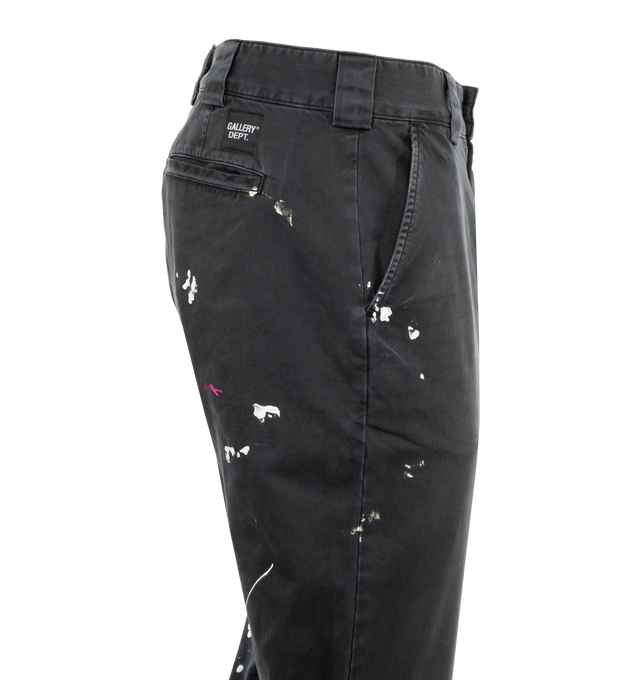 Image 3 of 3 - BLACK - Gallery Dept. L.A. Chino Flare Trousers in a unique black tone achieved through a stone wash. Featuring a slim fit along the leg and a mid-rise with the brand's iconic flared hem. Each pant is adorned with ENGLISH GD logotype stamp above the right pocket, and hand-painted by artisans at he brand's Los Angeles maison. Material: 100% Cotton. 