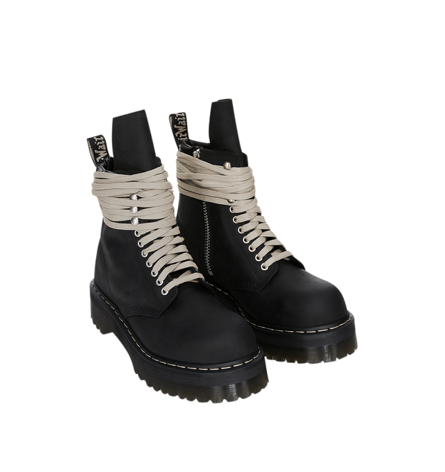 Image 3 of 7 - BLACK - Dr. Martens x Rick Owens FW26 Quad Sole Steel Toe Boot in Nubuck Leather. These Men's Dr. Martens boots are reimagined by Rick Owens and have pearl lacing, a steel toe cap, and palladium-finish hardware, including eyelets, hooks, and a side zipper. The boot features an extended geometric tongue and has a woven Dr. Martens AirWair heel loop in black and pearl. They have a Quad sole with a pearl welt stitch. This heavyweight nubuck cow leather has a flat, matte surface finish and an oil 