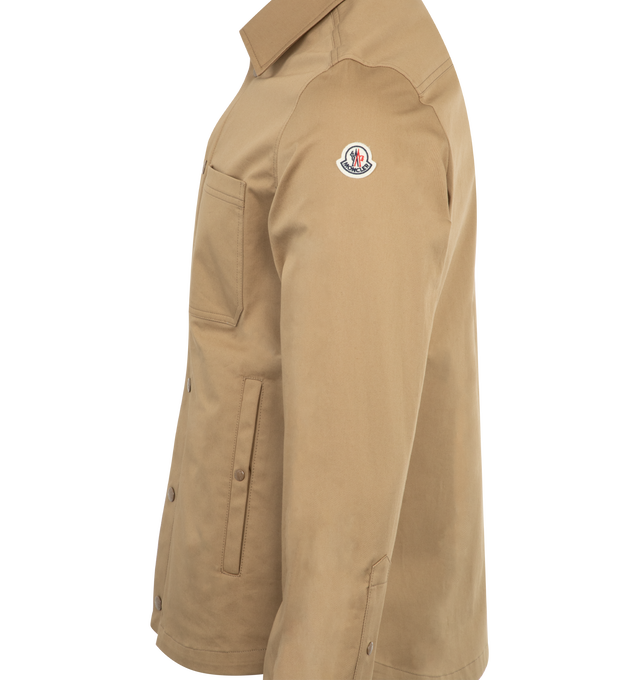 Image 5 of 6 - BROWN - Moncler Cotton Long Sleeve Shirt has a zipper and snap button closure, snap button pockets, adjustable cuffs, and a leather logo patch. 100% cotton. Made in Romania.  