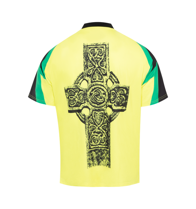 Image 2 of 2 - GREEN - PLEASURES Mind Soccer Jersey featuring regular-fit, V-neck, graphic print and logo text at chest, graphic print at back and stripes at sleeves. 90% polyester, 10% spandex. 