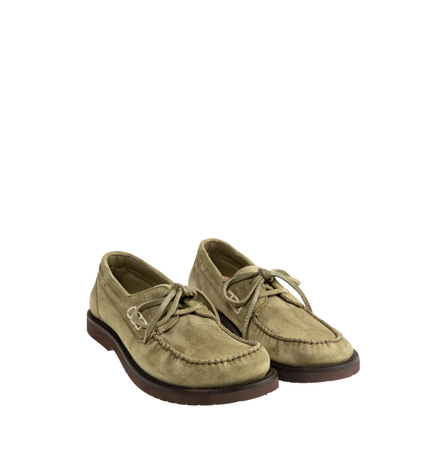 Image 2 of 4 - GREEN - JW Anderson Women's Ruffle Suede Boat Shoes are crafted in Italy from premium suede and feature a contemporary boat shoe silhouette enhanced with layered suede ruffles. Designed with a lace-up closure, blind-embossed JWA logo, and a refined fit focused on comfort, the shoes reinterpret a classic style through the brand's signature playful detailing. Main Material: 100% Split Cow Suede. Made in Italy. 