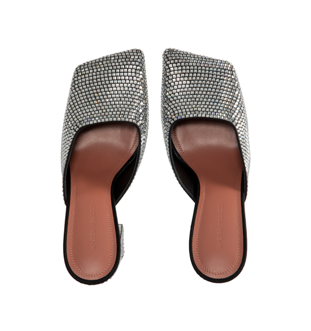 Image 4 of 4 - BLACK - AMINA MUADDI Charlotte Crystal Mule Satin featuring block heel, crystal embellished and square toe. 100% satin. Lining: 100% goat. Sole: 70% leather, 30% rubber.  