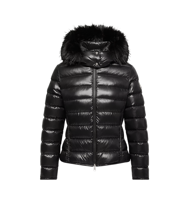 Image 1 of 1 - BLACK - Moncler Women's Badyeffe Hooded Short Down Jacket is crafted from glossy nylon laqu and features a slim-fit silhouette that reflects the houses signature clean, graphic aesthetic. This down-filled puffer is designed with a detachable hood and detachable faux fur trim, allowing for versatile styling across changing conditions. Finished with a front zip closure, zipped pockets, adjustable elasticized cuffs with snap-button closures, and a signature logo patch at the sleeve, the jacket c 