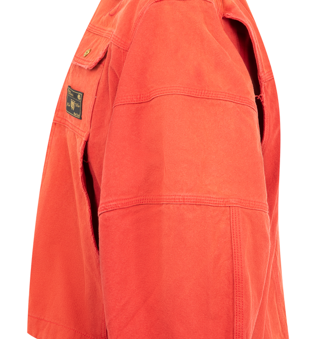 Image 3 of 3 - RED - WILLY CHAVARRIA Stockton Work Jacket featuring an oversized fit, structured design, two chest flap pockets with button closures, full zip front with a high collar and embroidered logo detail on the front. 100% cotton canvas. Made in the USA. 