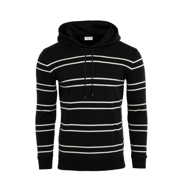 BLACK - SAINT LAURENT Striped Hoodie featuring embroidered logo at the chest, horizontal stripe pattern, drawstring hood, long sleeves, front pouch pocket and ribbed cuffs and hem. 100% cotton.